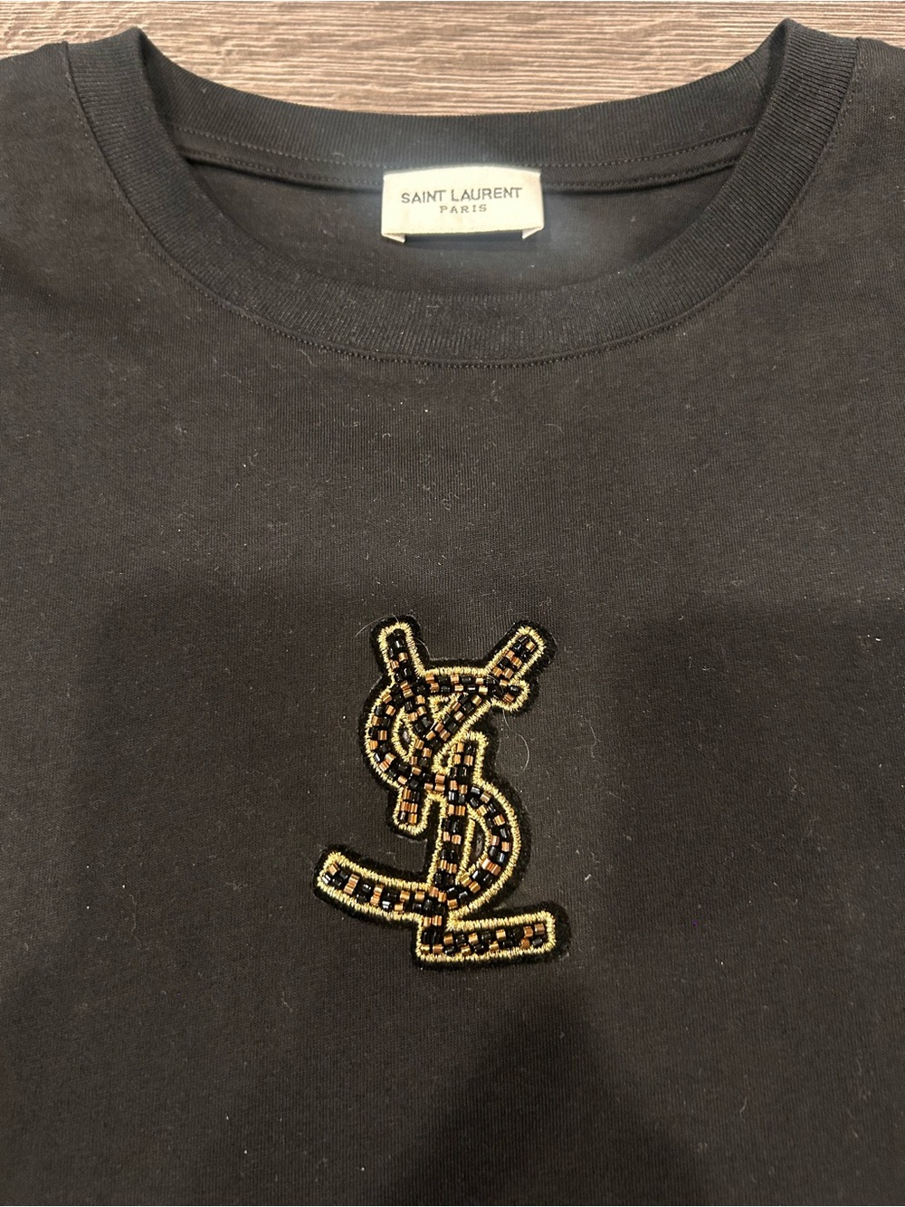 Saint Laurent Black Short-Sleeve Tee with Gold Embroidered YSL Patch